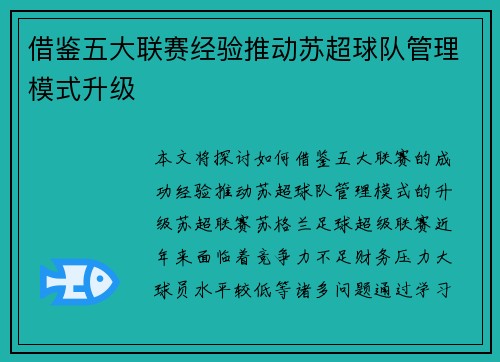 借鉴五大联赛经验推动苏超球队管理模式升级